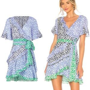 Tanya Taylor Bianka Dress Silk Wrap Ruffle Mini Ditsy Floral Blue Green Size 4